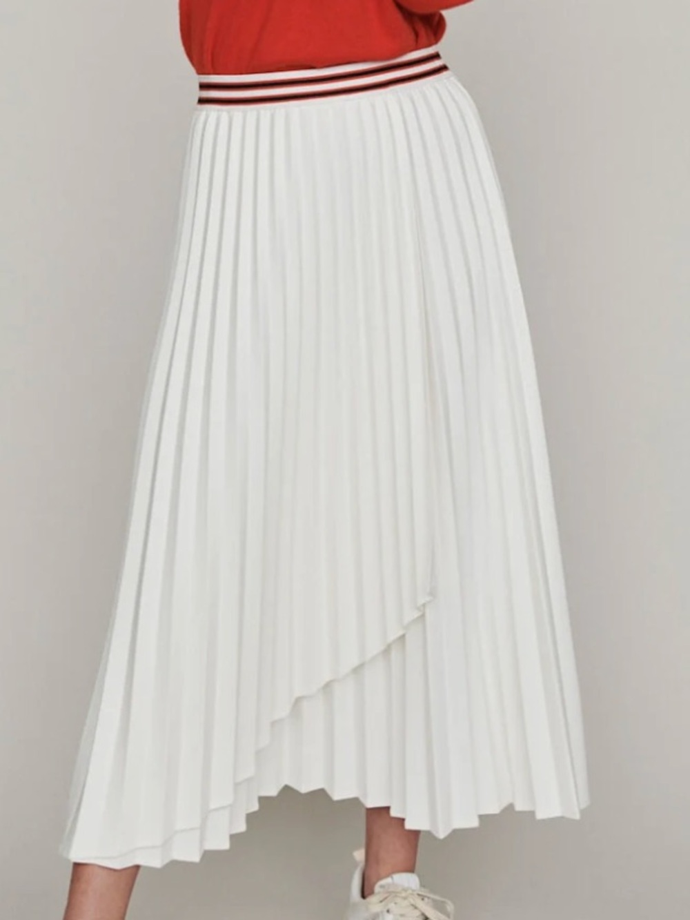 MAJE Pleated Midi Skirt with Striped Waistband